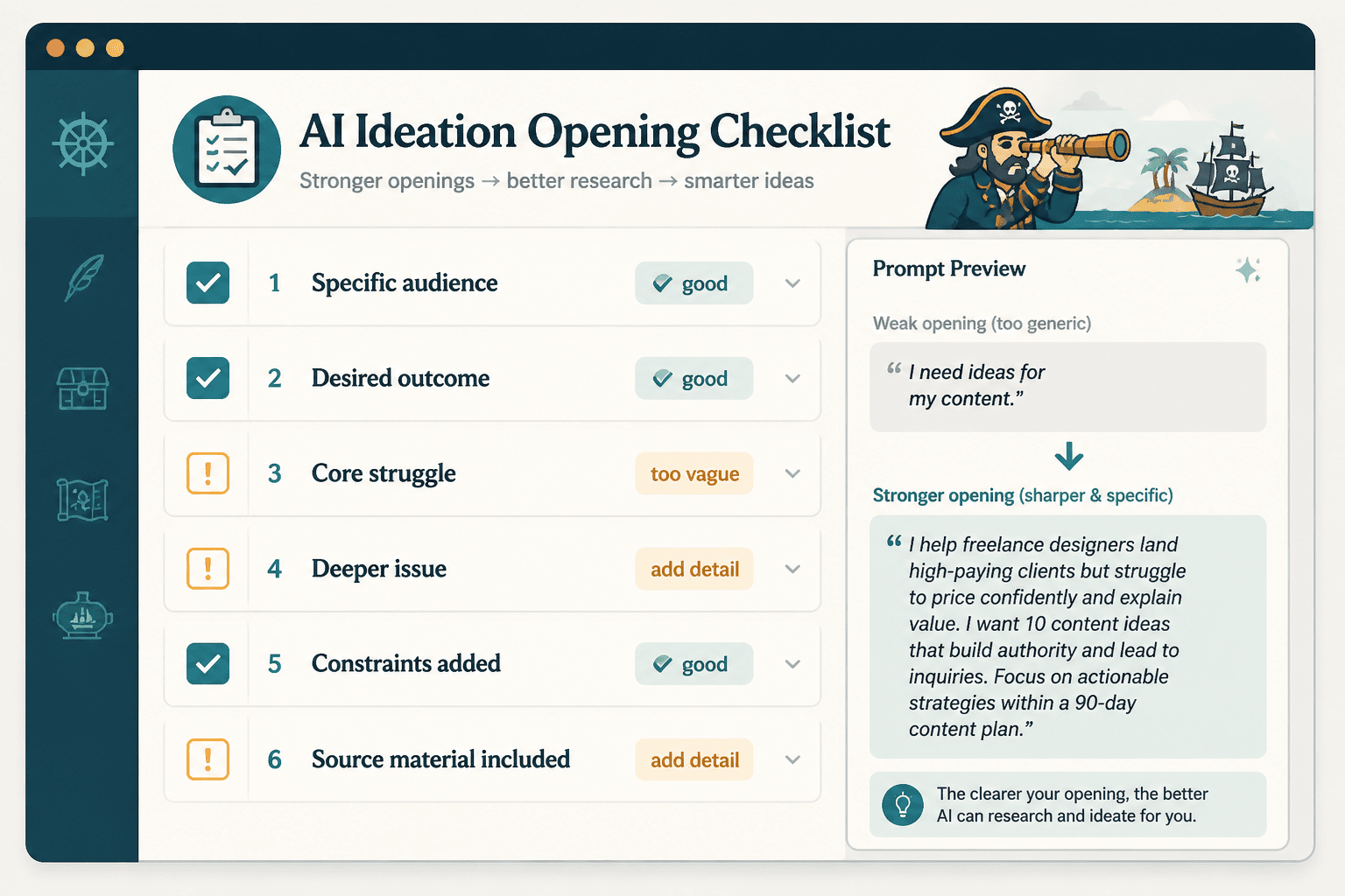 Checklist mockup for strengthening an AI ideation prompt opening