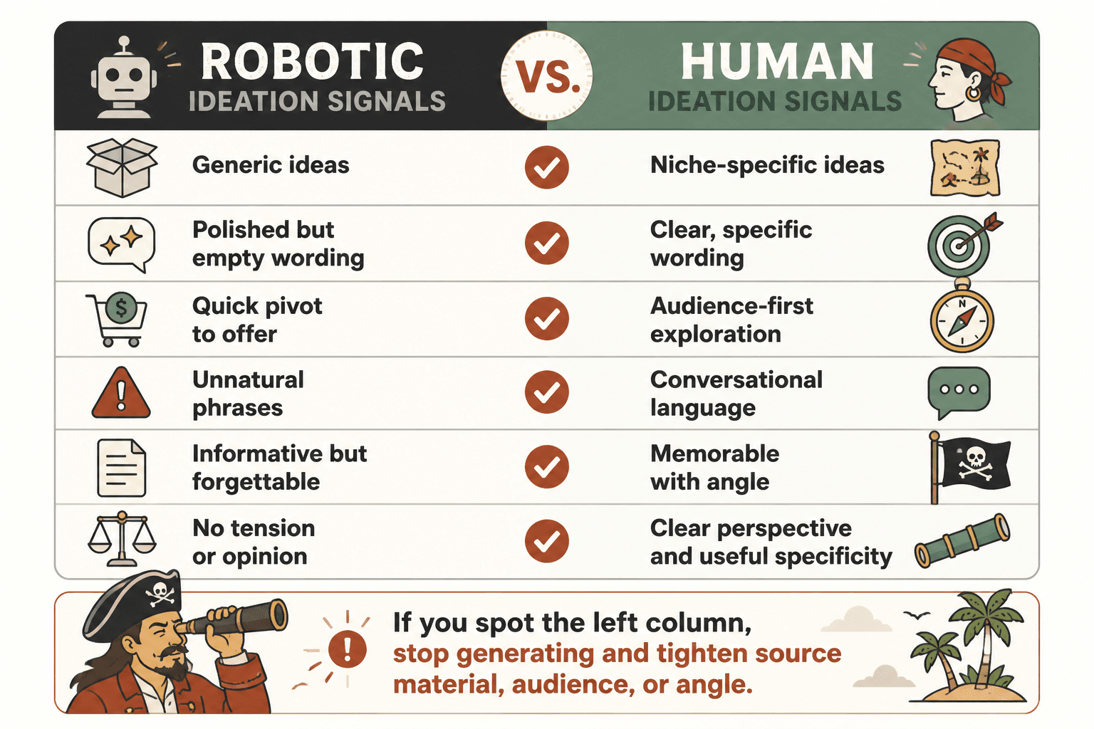 Checklist comparing robotic and human ideation signals