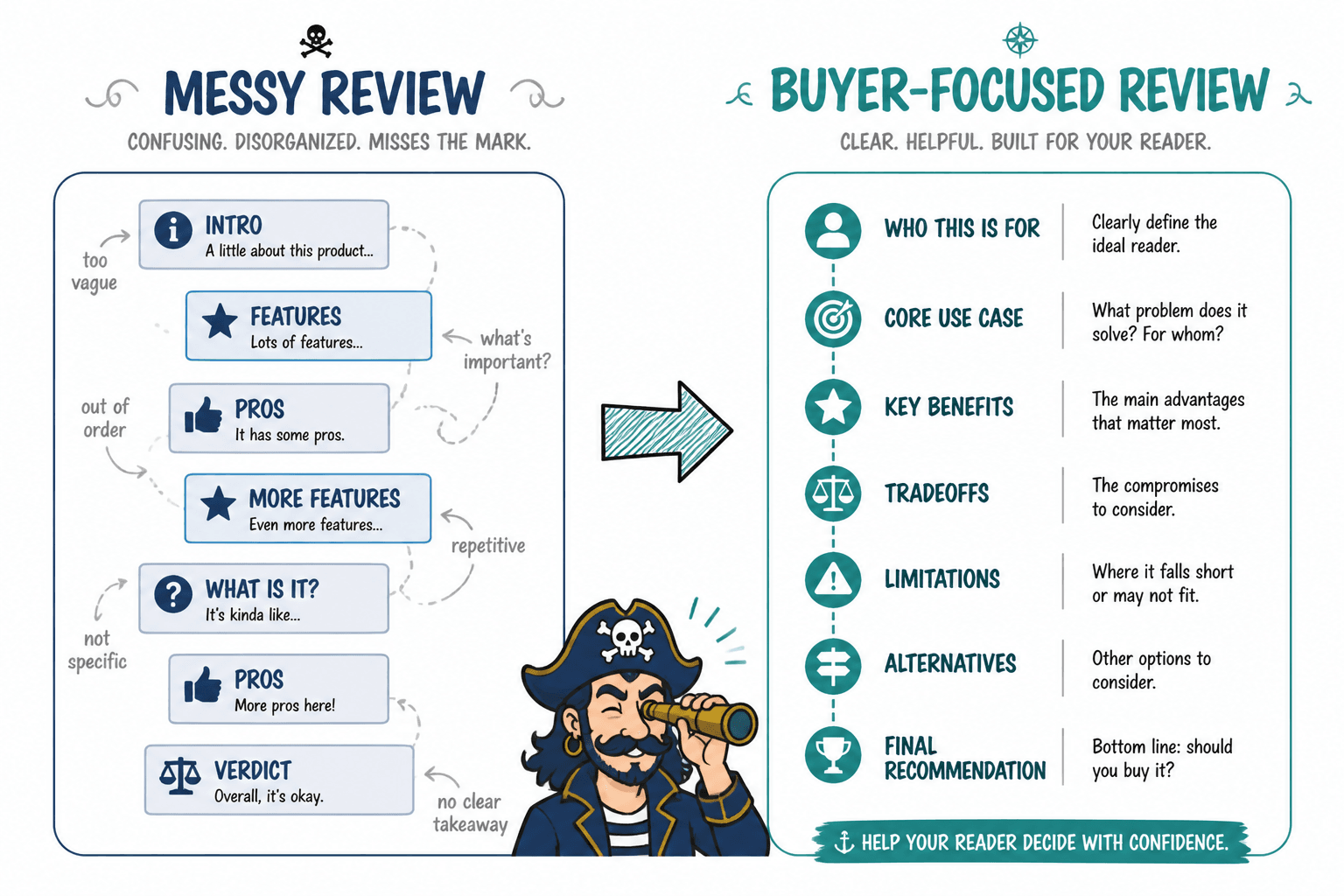 Side-by-side outlines of a messy review and a buyer-focused review
