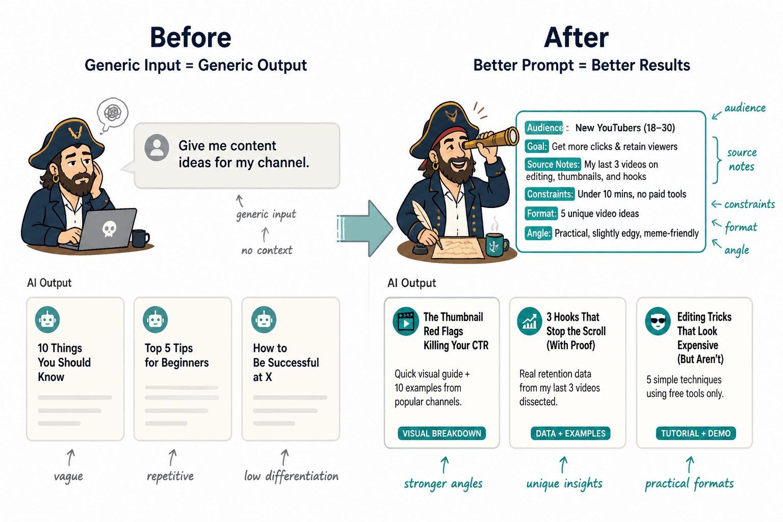 Before-and-after comparison of a vague creator prompt and a structured ideation prompt
