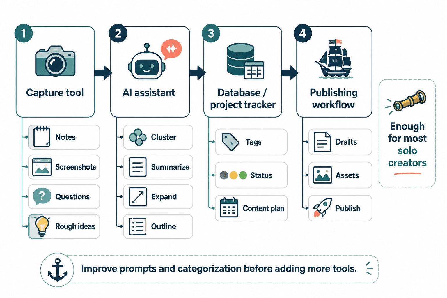 Simple creator workflow from capture to AI, database, and publishing
