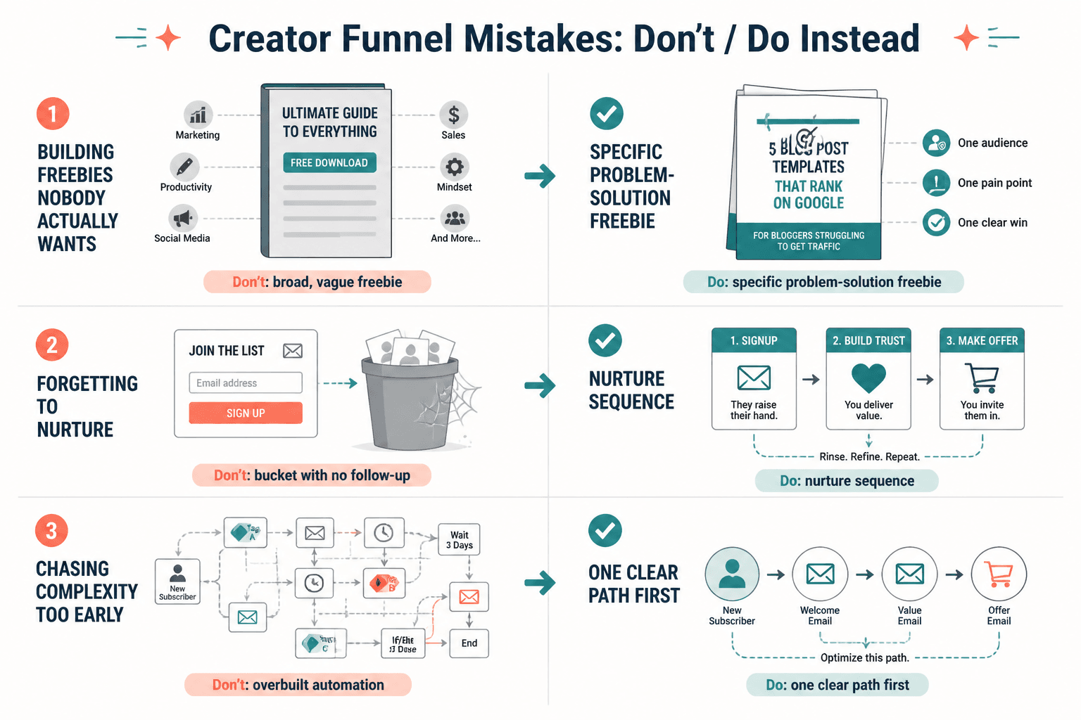 Checklist showing common creator funnel mistakes and better alternatives
