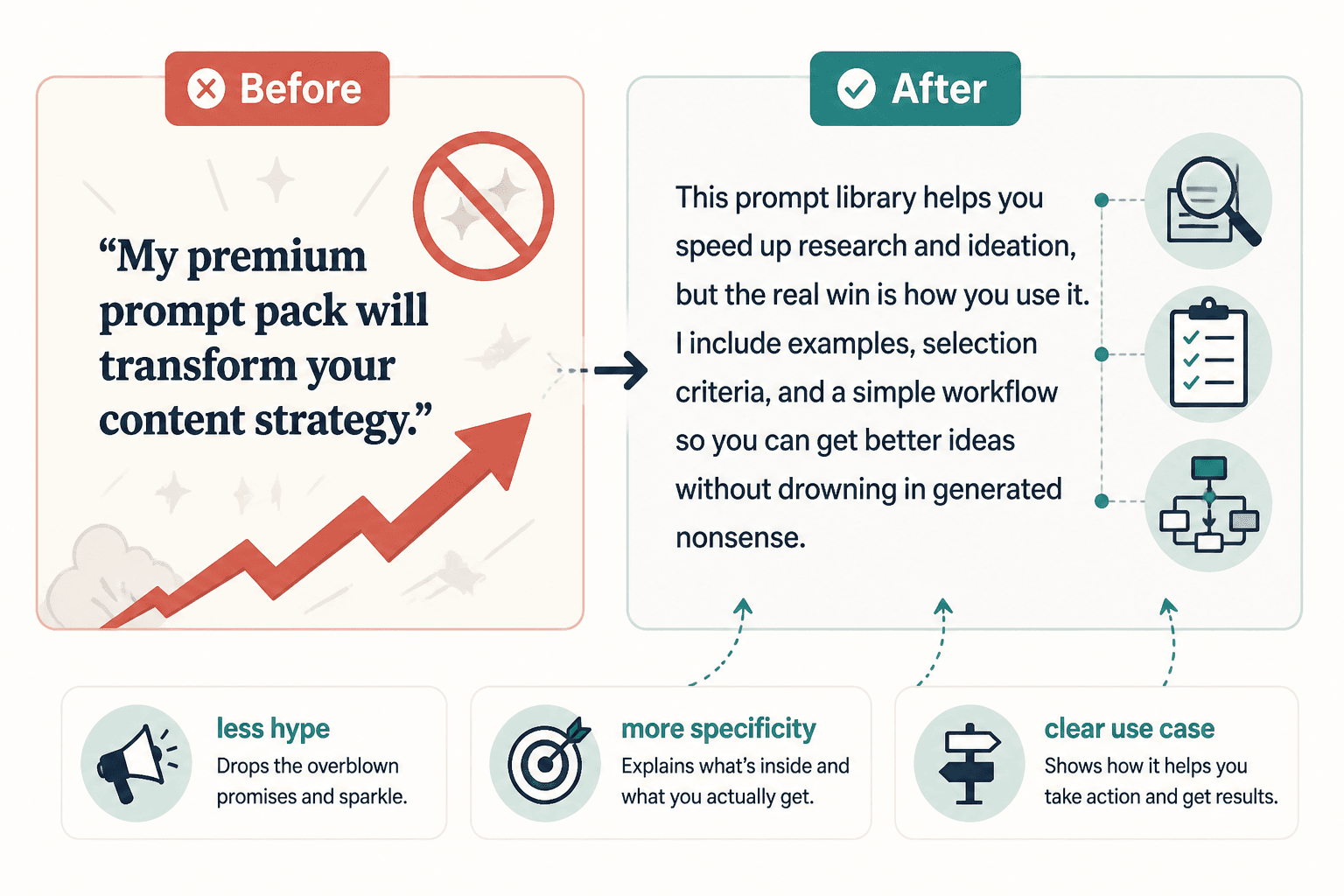 Before-and-after example showing hype copy rewritten into specific, trust-building positioning