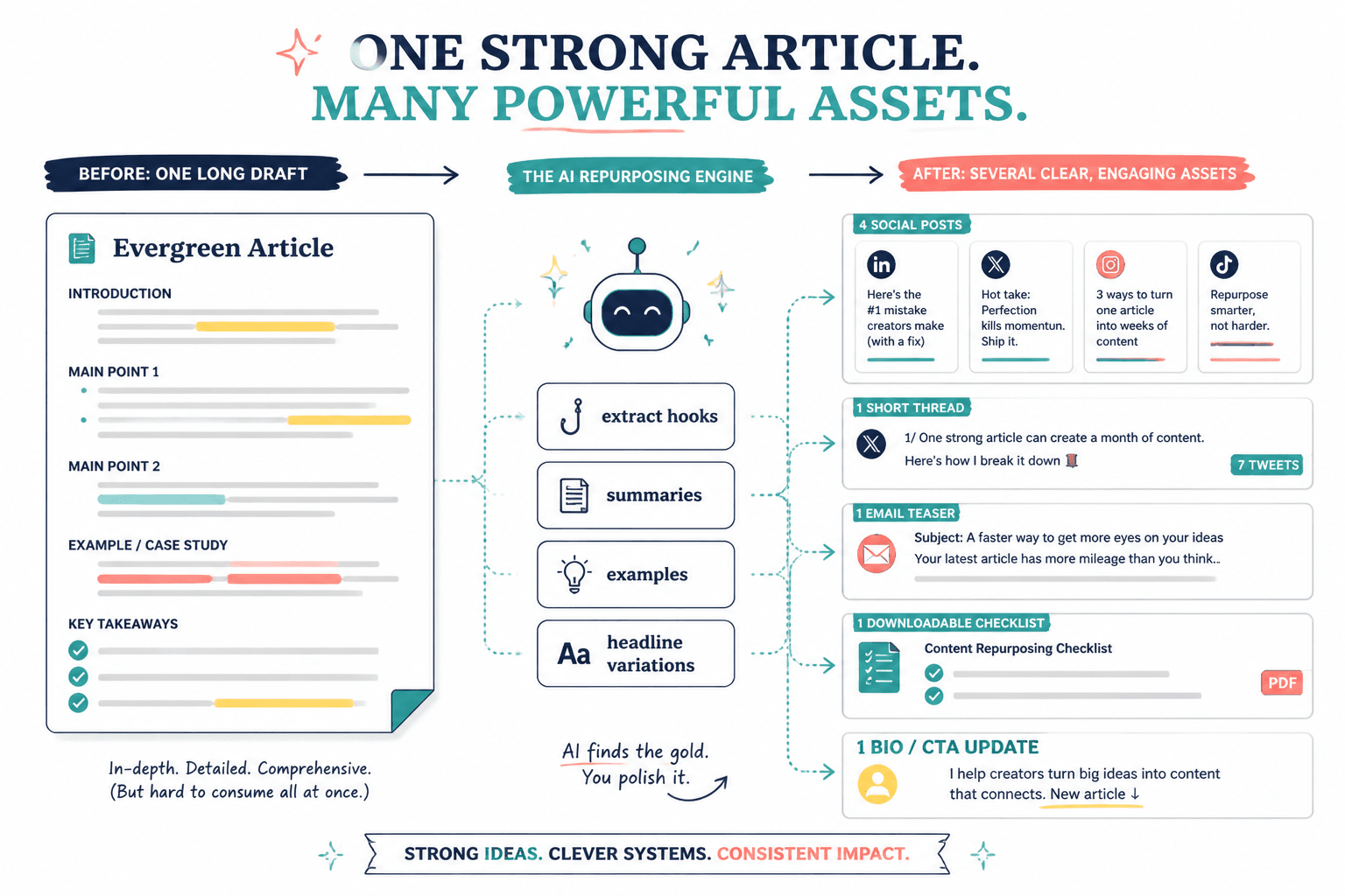 Flow diagram showing one long article turned into multiple polished content assets