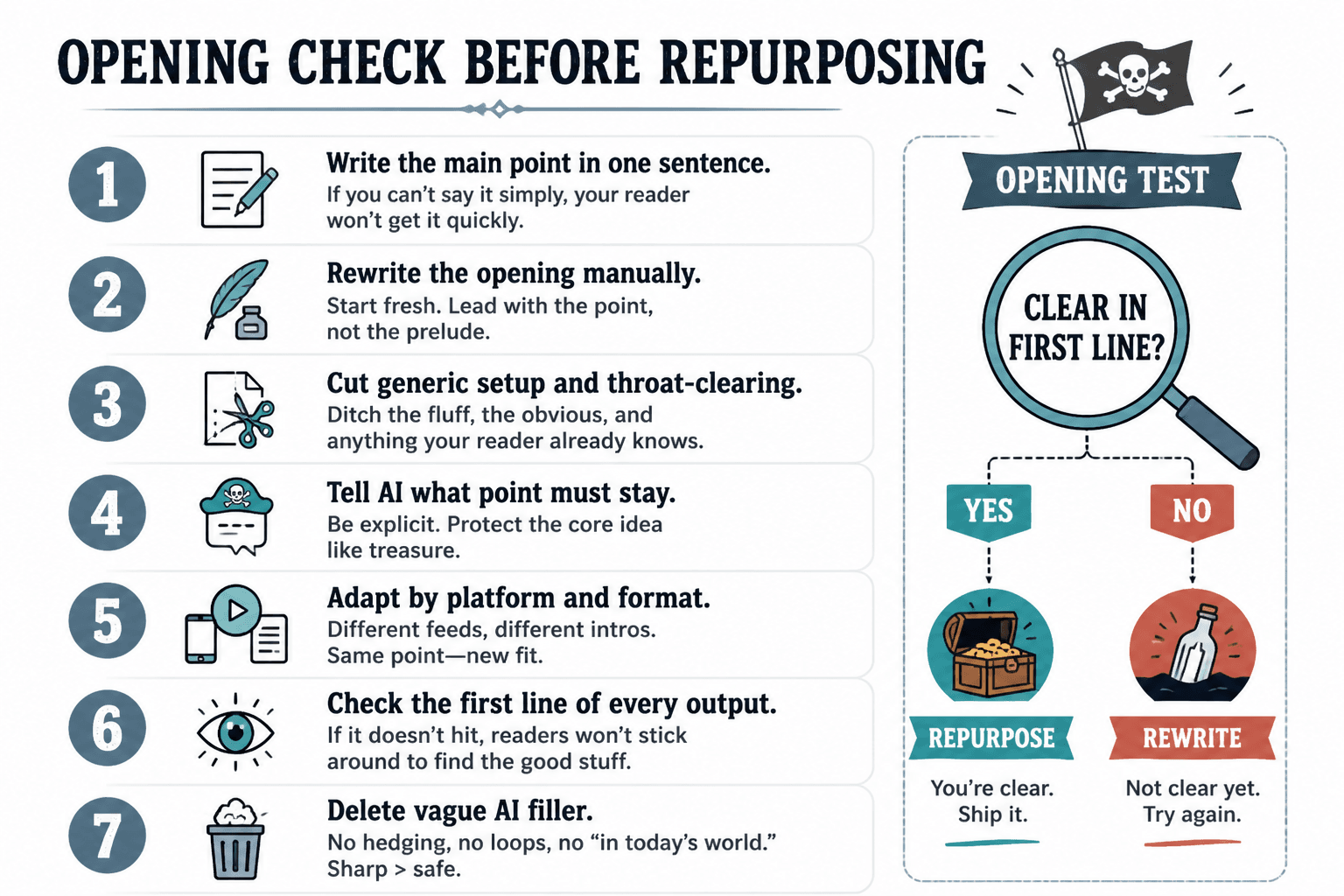 Checklist for testing an opening before repurposing content