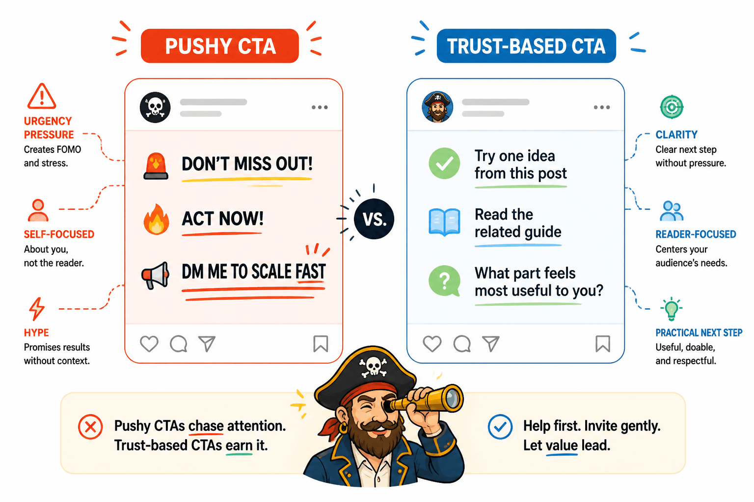 Side-by-side example of pushy and trust-based CTAs
