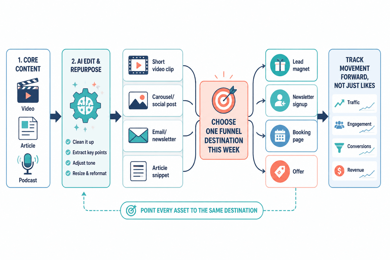 Weekly workflow from one core piece of content to repurposed assets and one funnel destination.