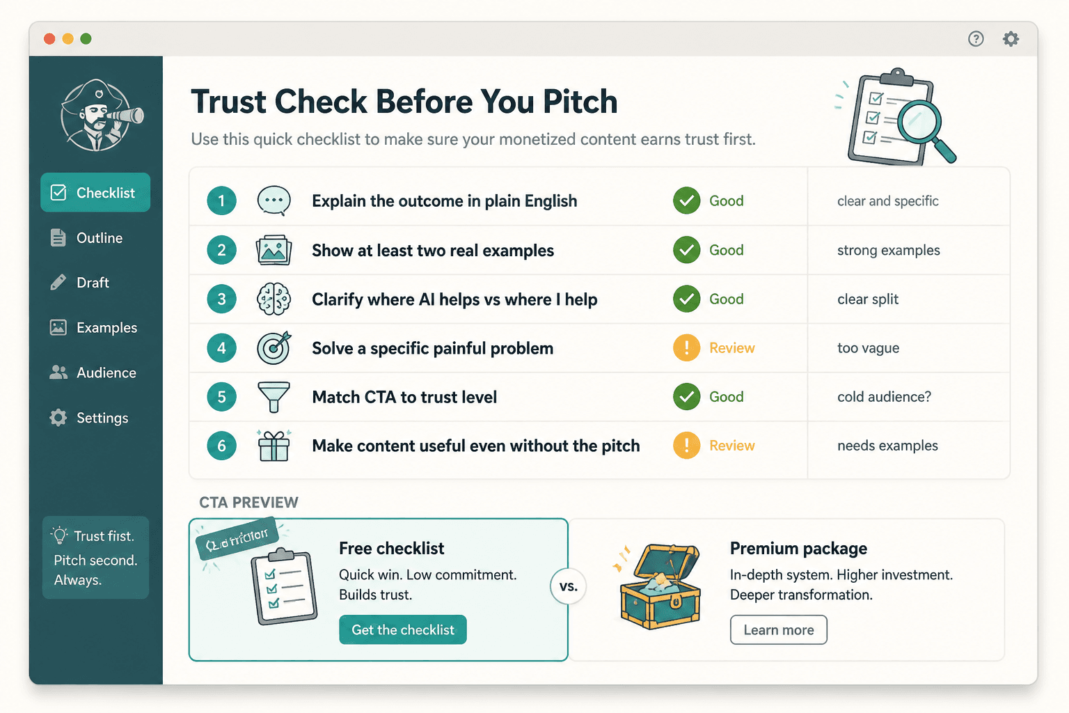 Checklist screen for evaluating a trust-safe AI repurposing offer