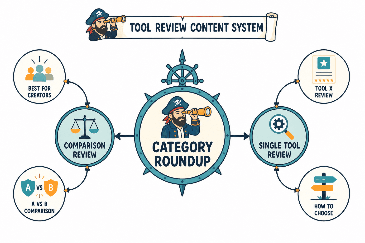Hub-and-spoke map linking a roundup to comparison and single-tool reviews