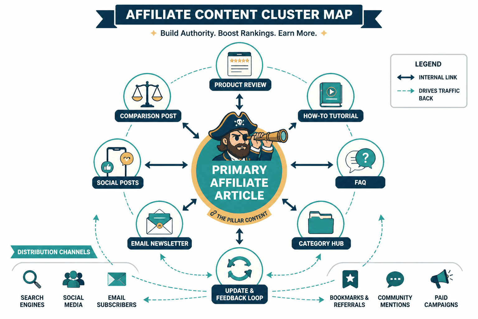 Content cluster map linking one affiliate article to supporting posts and promotion channels