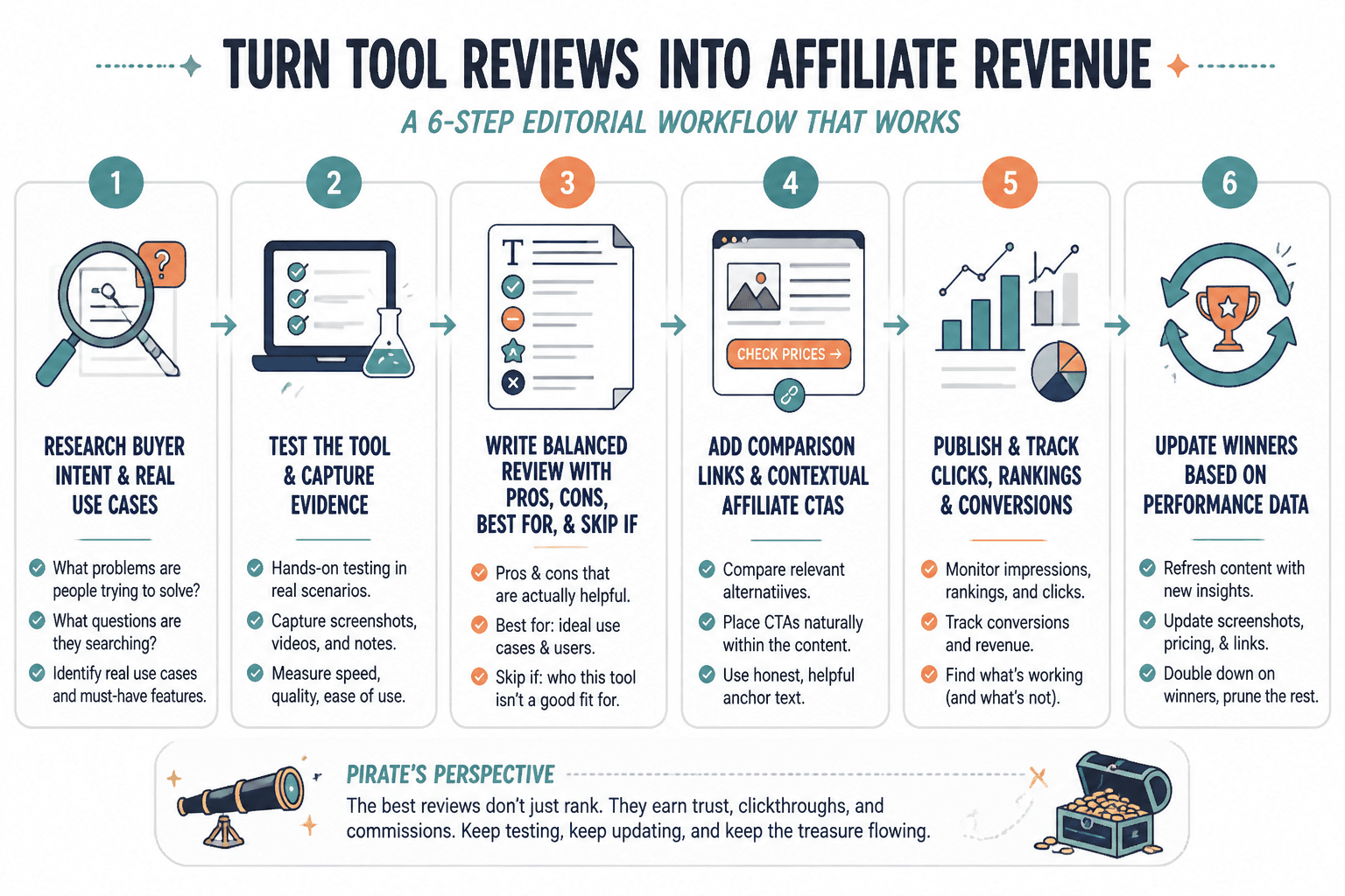 Six-step workflow for affiliate review content from research to optimization