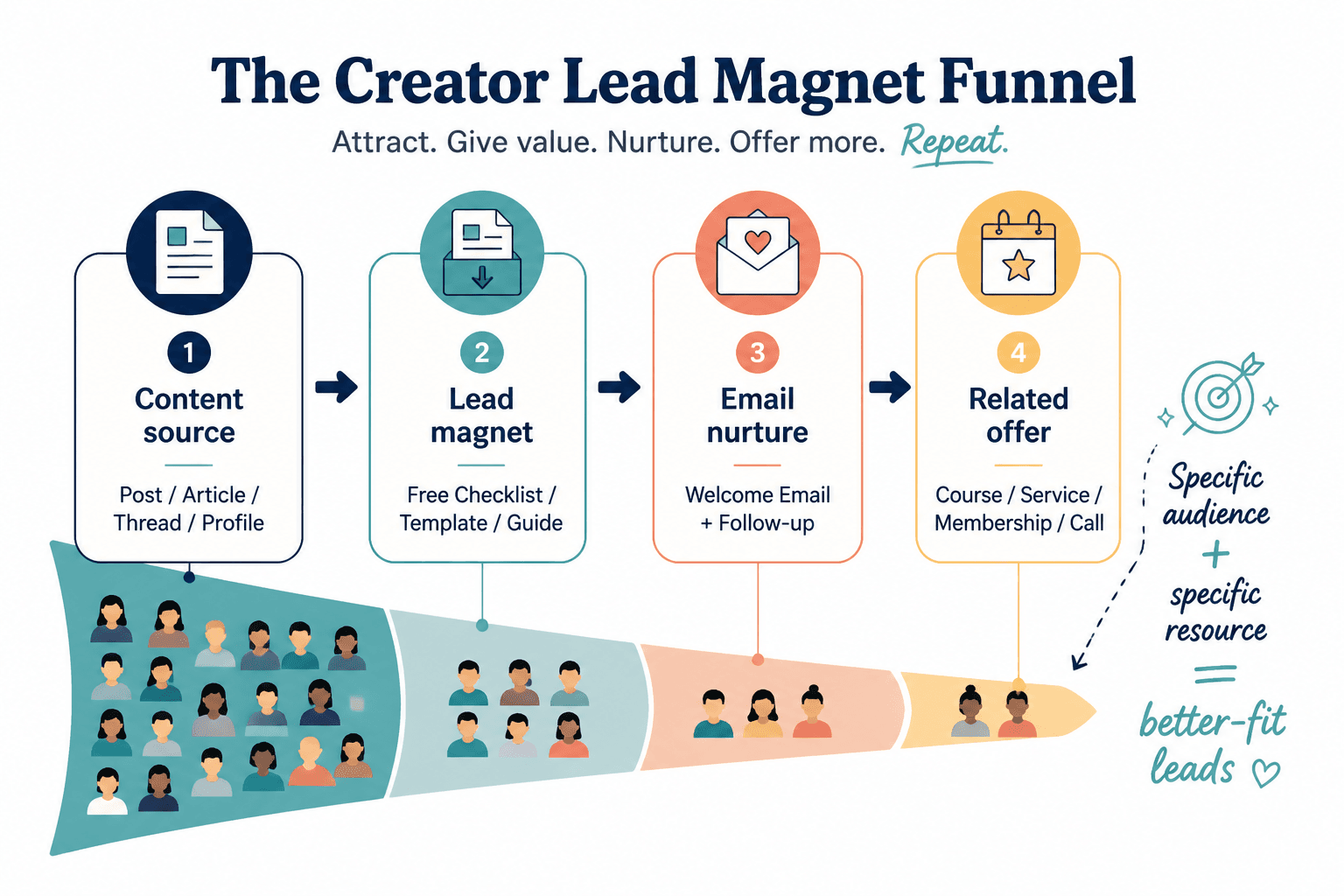 Simple funnel from content to lead magnet, email follow-up, and paid offer