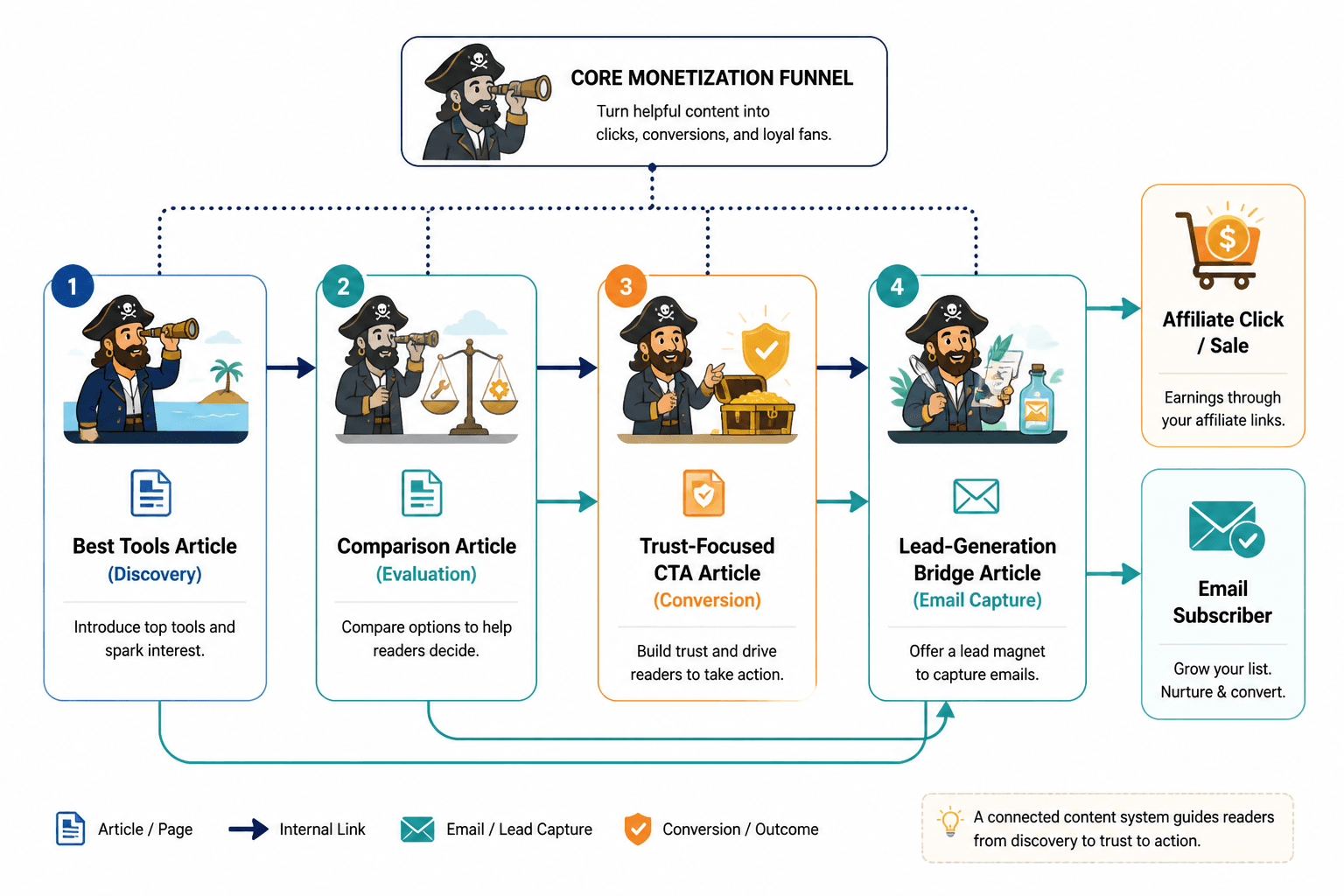 Flowchart of an affiliate article cluster linking discovery, comparison, CTA, and email bridge to conversions