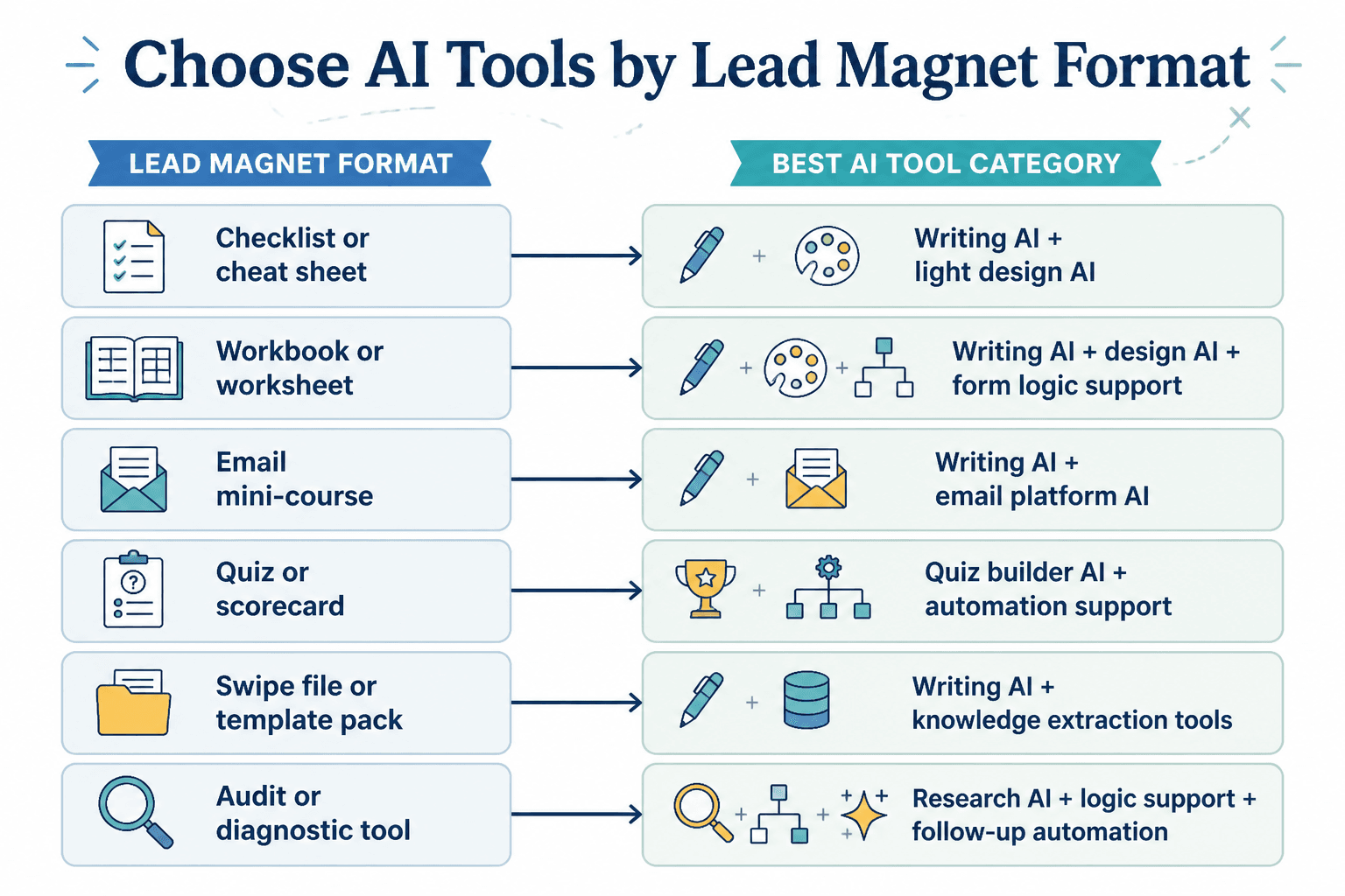 Flowchart matching lead magnet formats to the best AI tool categories