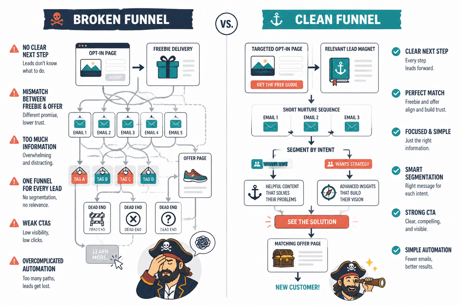 Side-by-side comparison of a broken lead magnet funnel and a clean funnel path