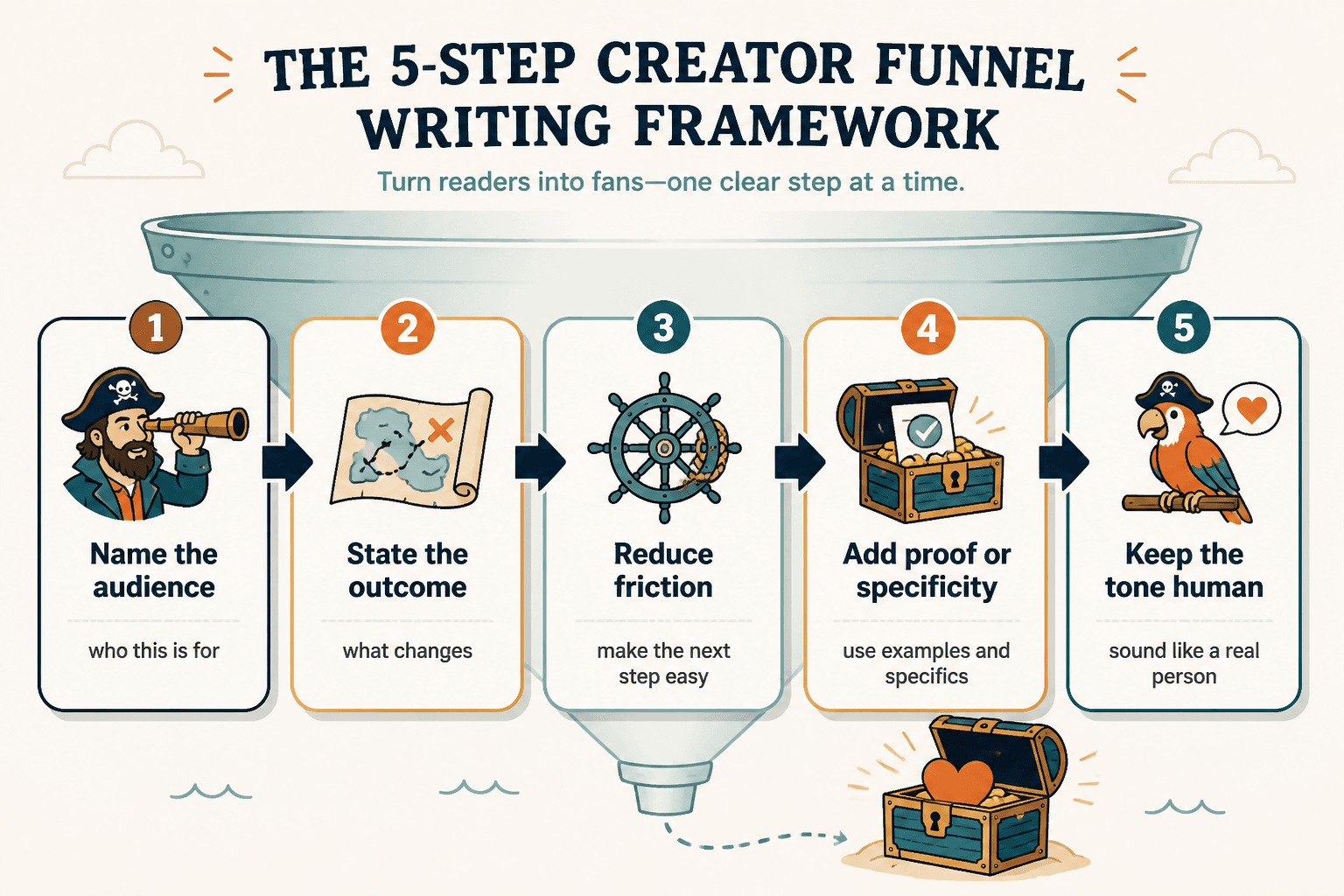 Five-step creator funnel writing framework from audience to human tone