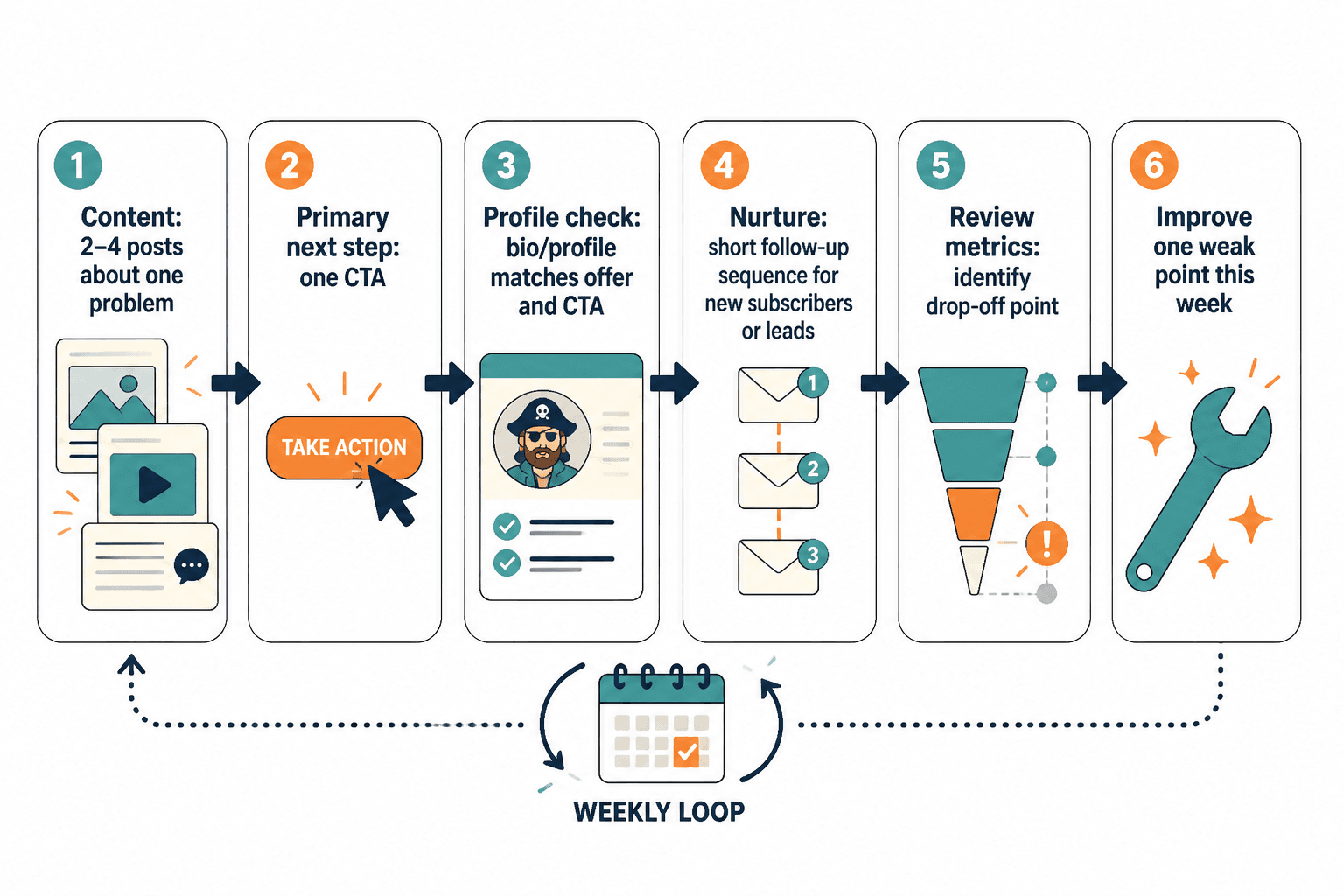 Weekly creator funnel review workflow showing content, CTA, nurture, drop-off, and one improvement