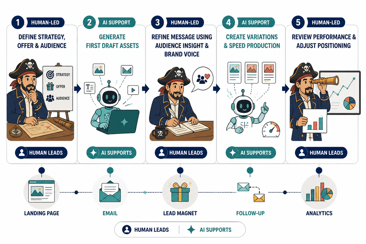 Flowchart of creator funnel work led by human strategy with AI supporting drafts, variations, and analysis