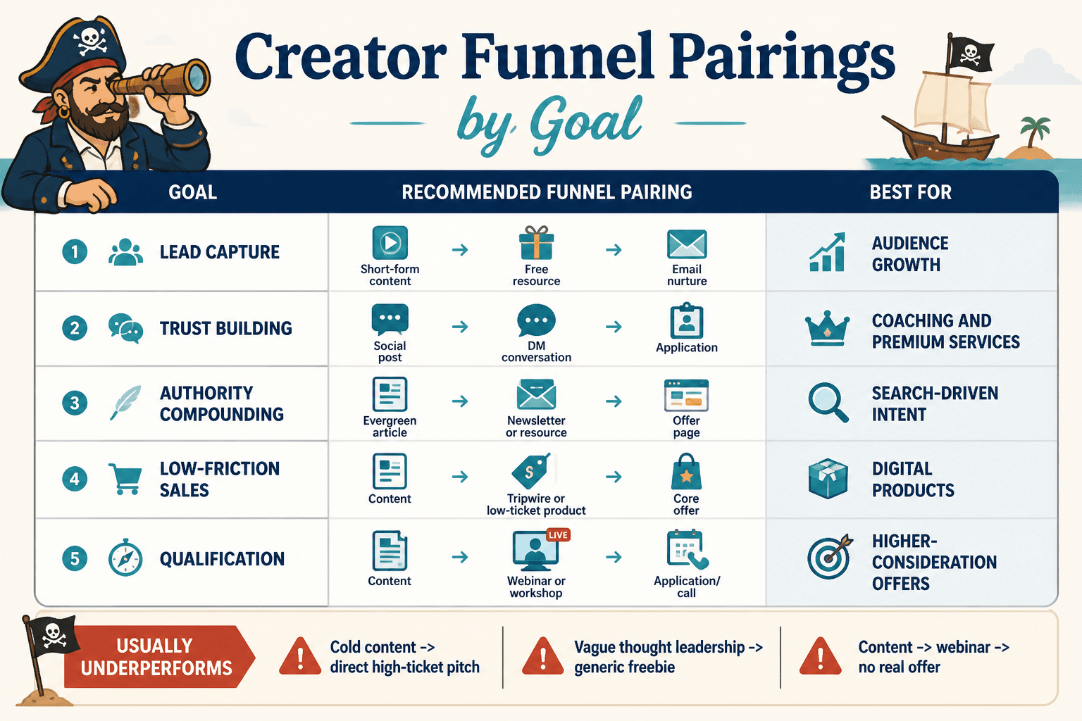 Comparison chart of creator funnel pairings by goal