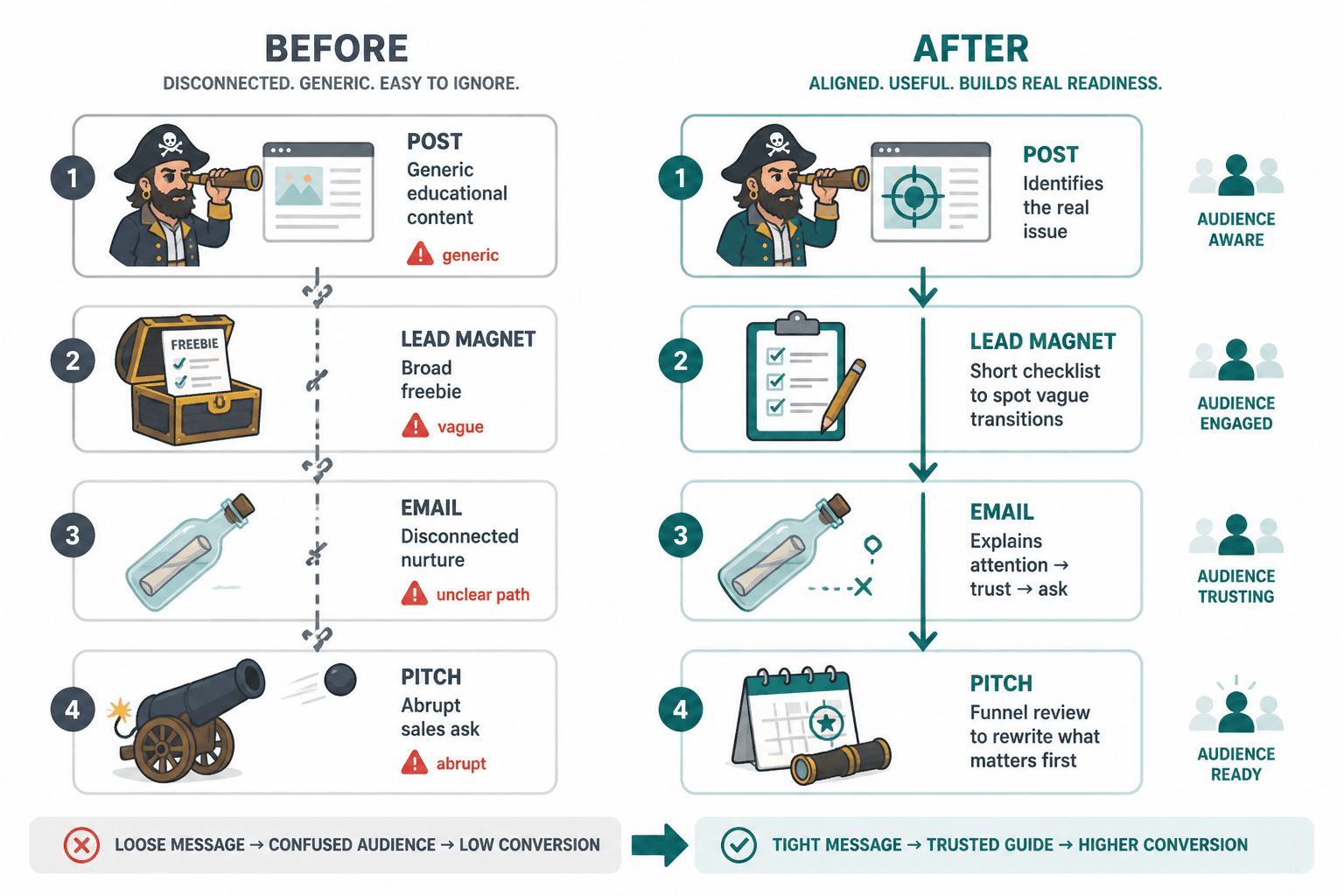 Side-by-side funnel rewrite from generic steps to a cohesive conversion path