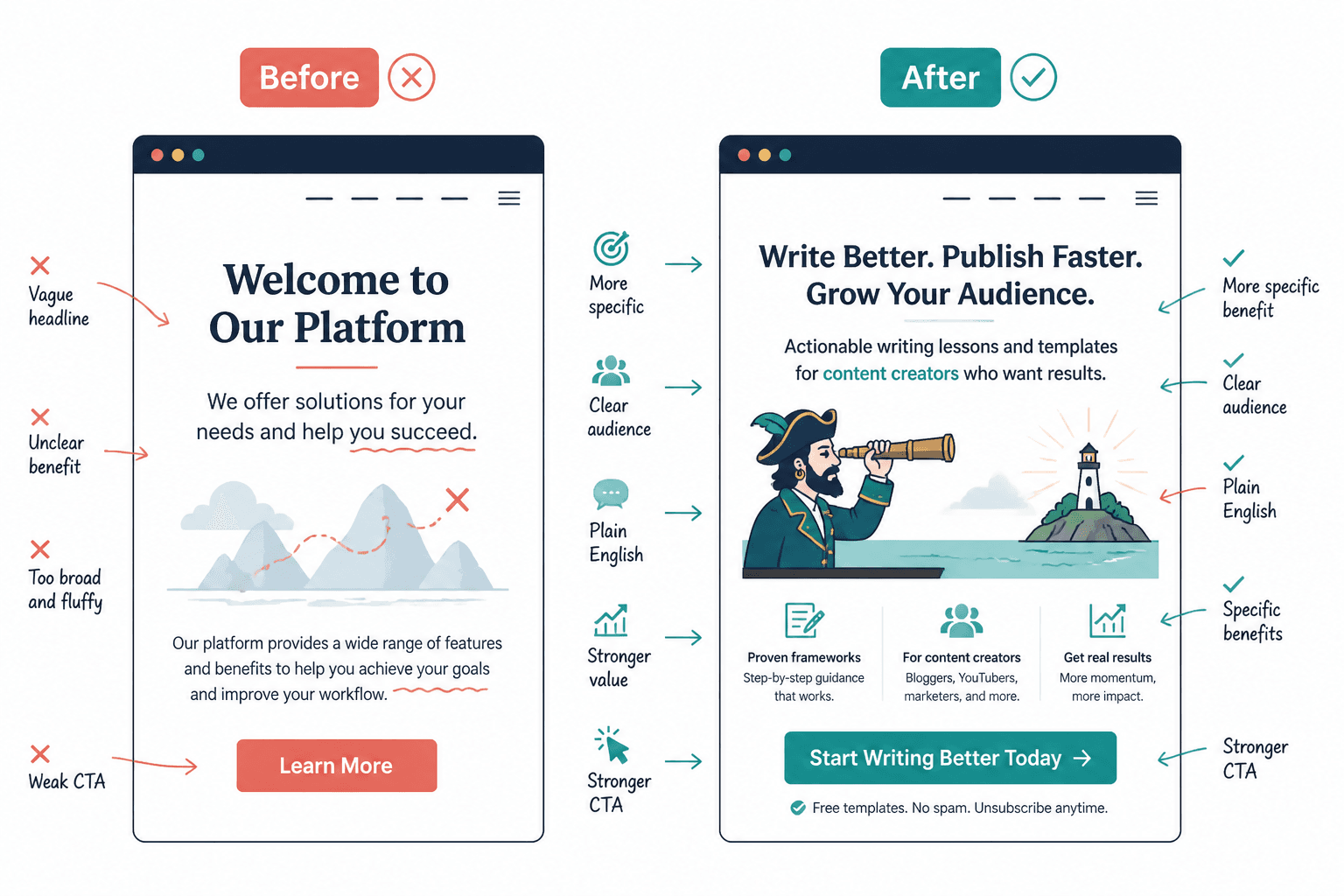 Before and after homepage headline rewrite comparison