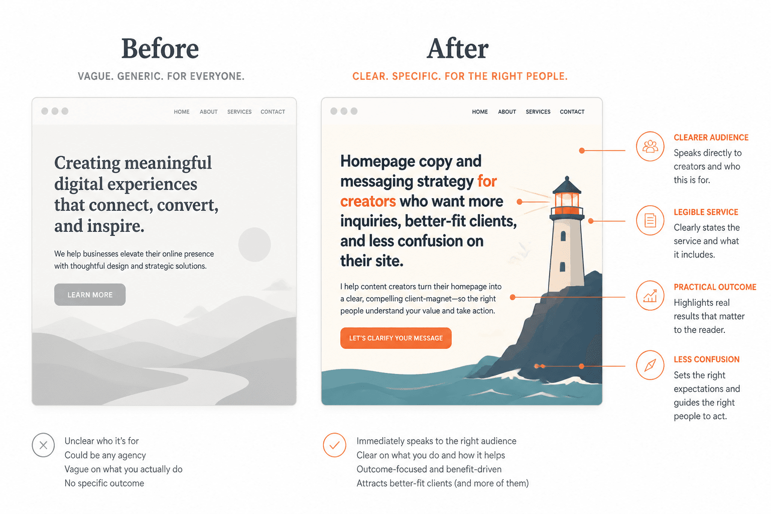 Side-by-side homepage headline rewrite showing vague before copy and clearer after copy