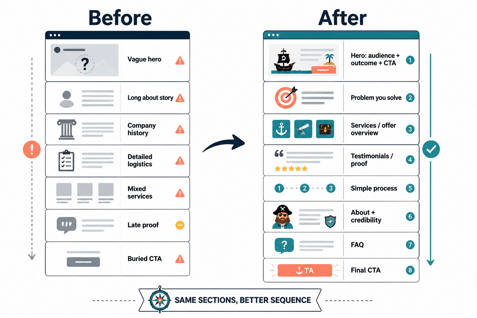 Before-and-after homepage section order comparison