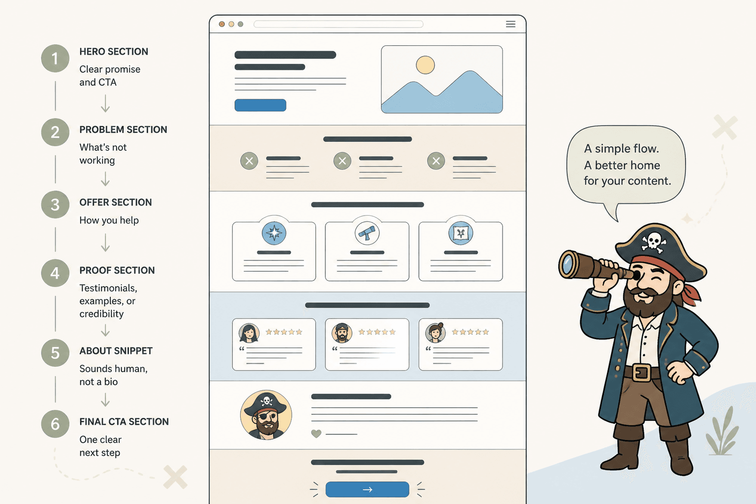 Vertical homepage wireframe labeled with six conversion sections