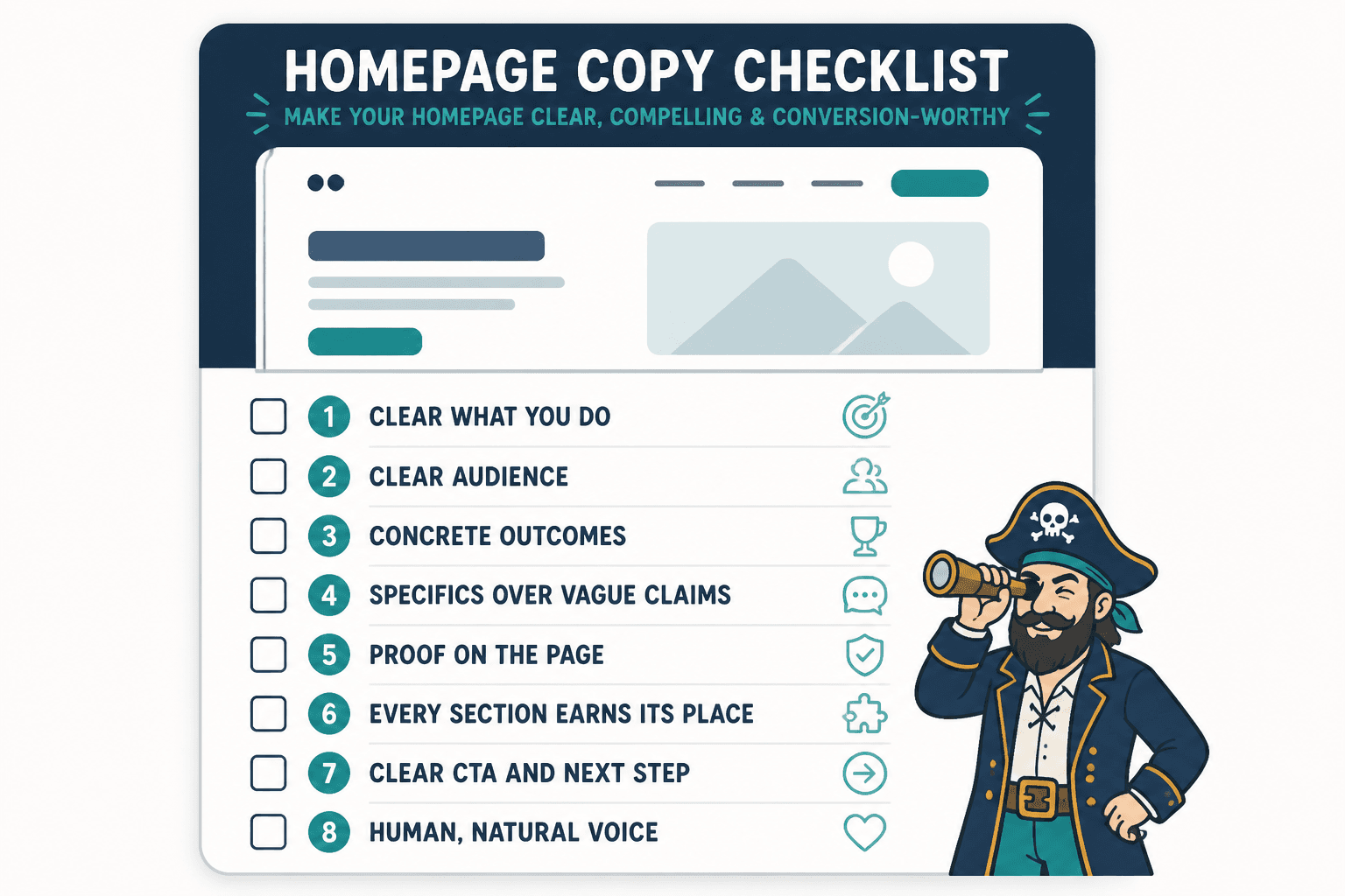 Homepage copy self-edit checklist with eight review points