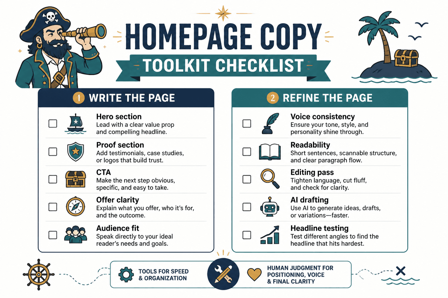 Homepage copy toolkit checklist with key sections and tools