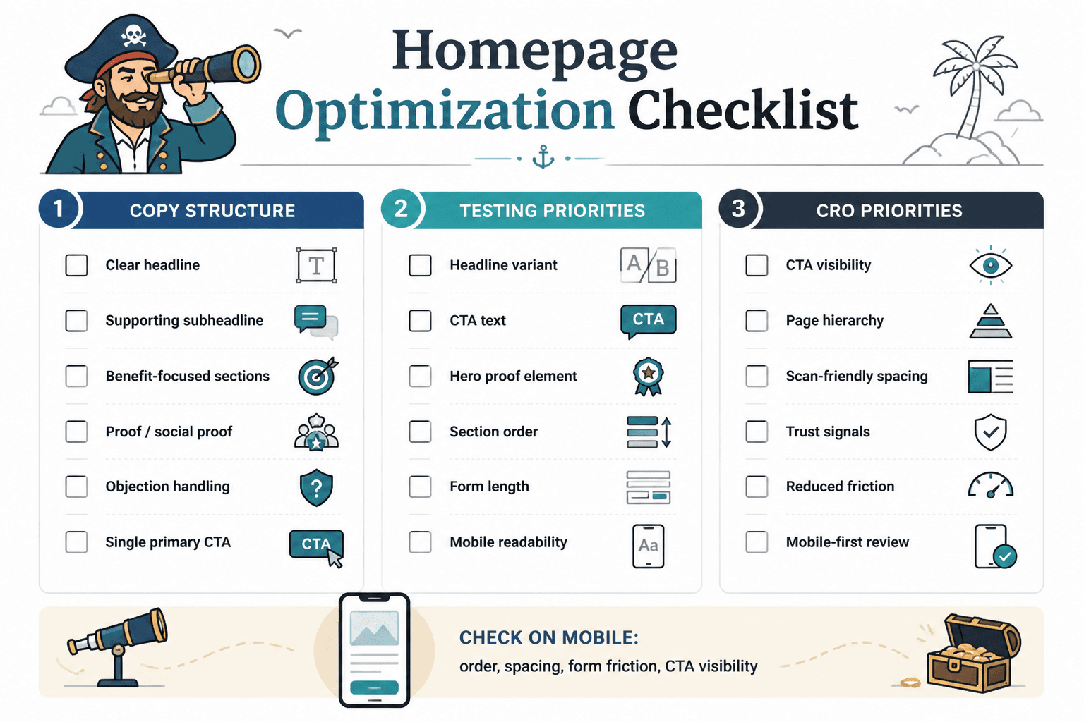 Homepage optimization checklist for copy structure, testing, and CRO priorities