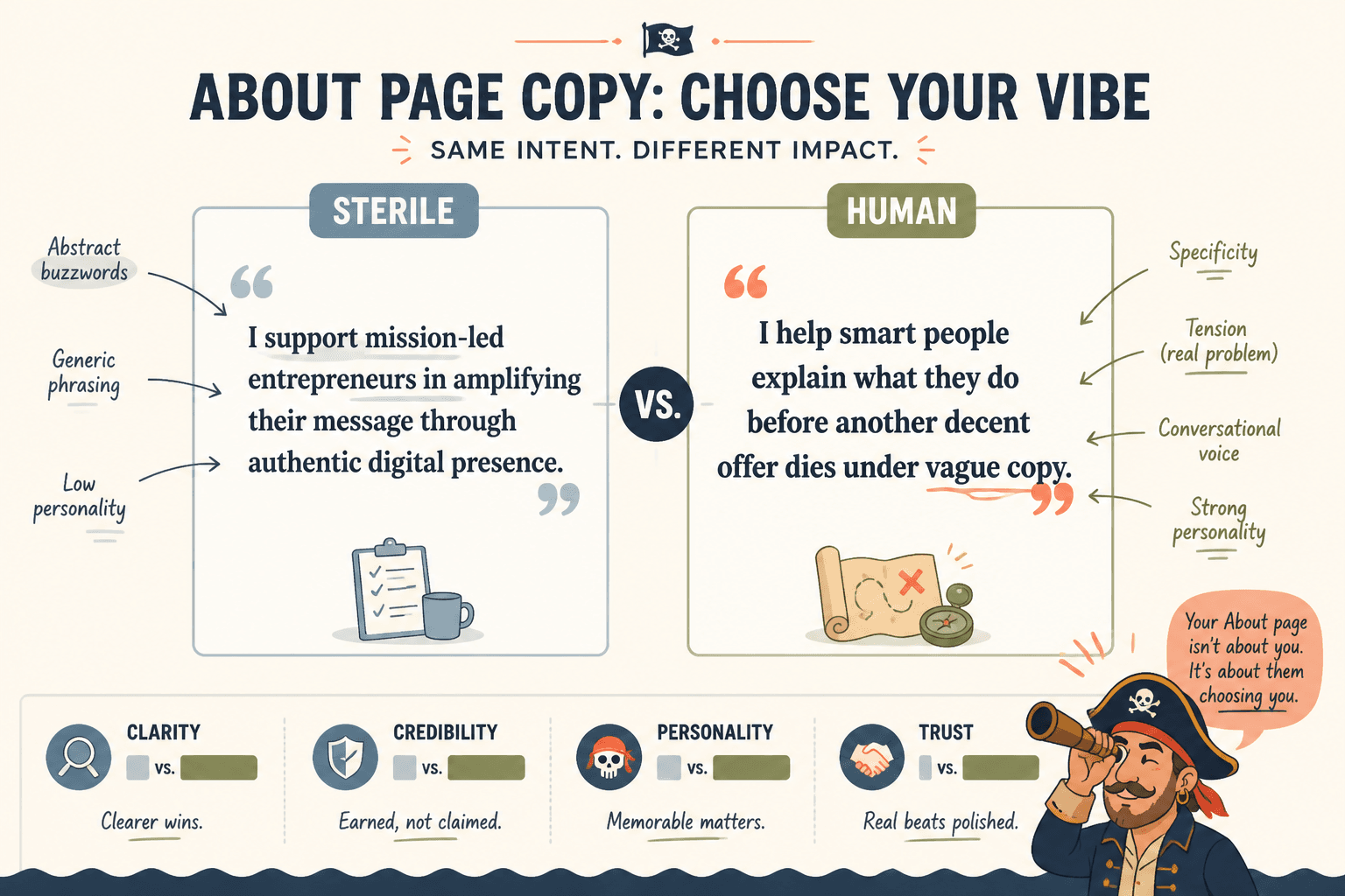 Side-by-side example of sterile copy versus human copy with tone differences highlighted.