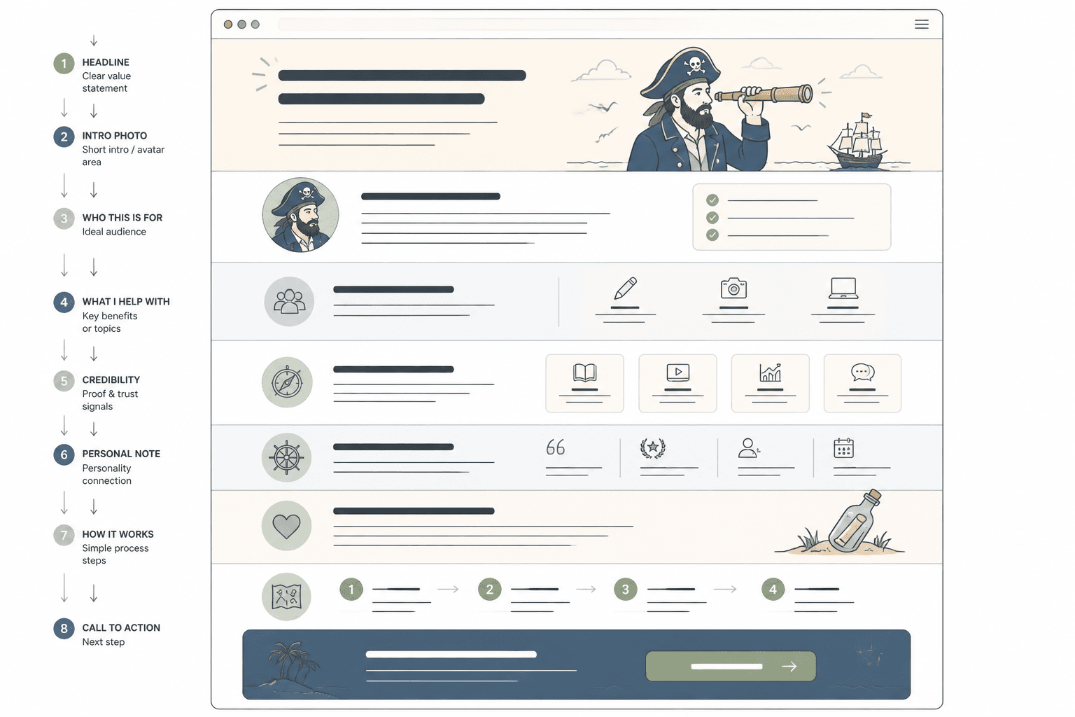 Simple About page wireframe for a small creator website
