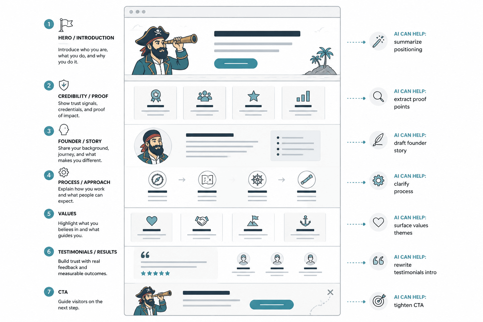 Wireframe of an About page with AI notes for each section