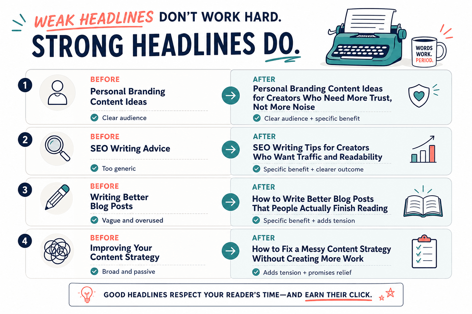 Examples of weak blog titles rewritten into stronger headlines