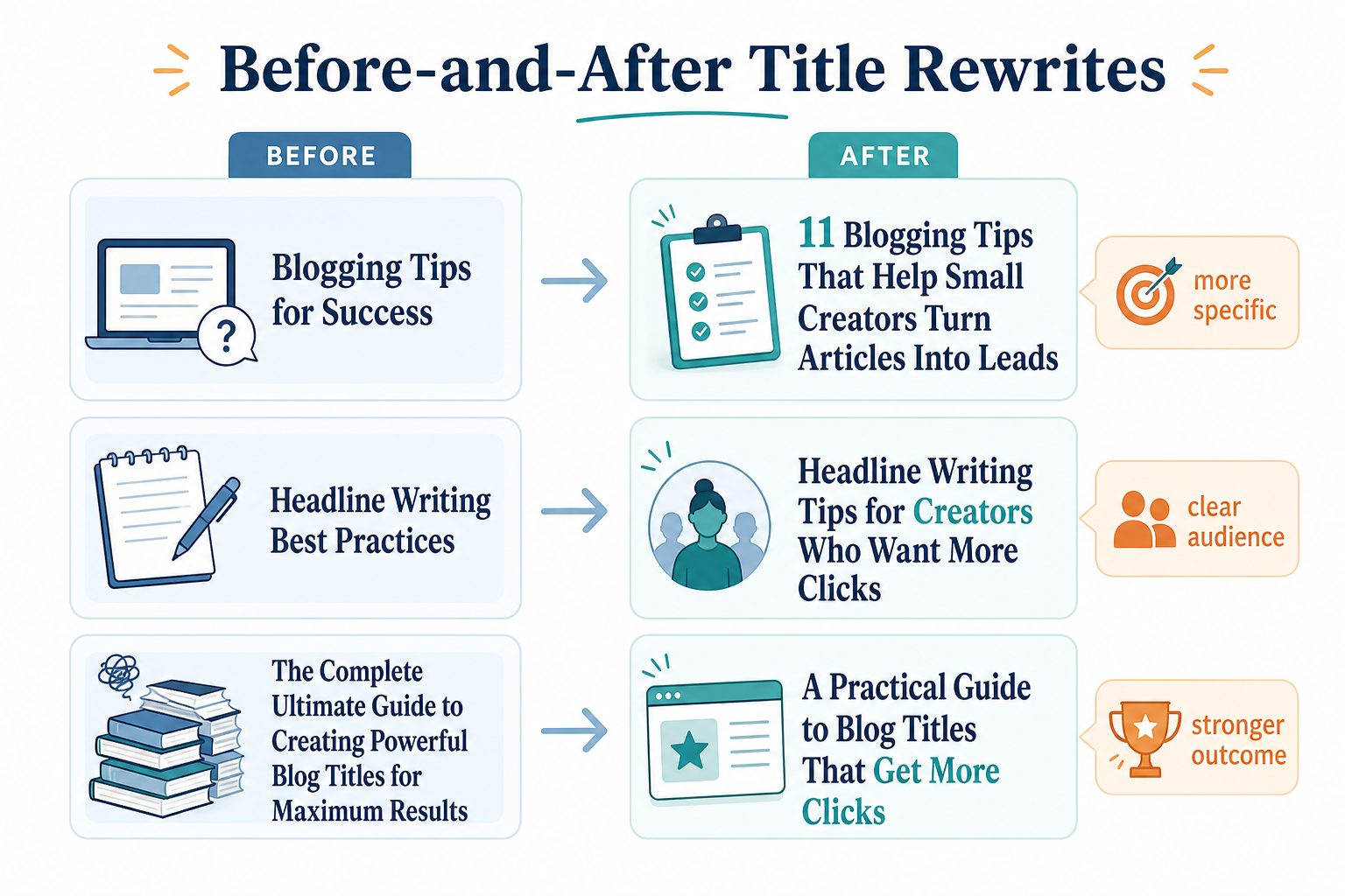 Before-and-after headline rewrites showing clearer, more specific titles