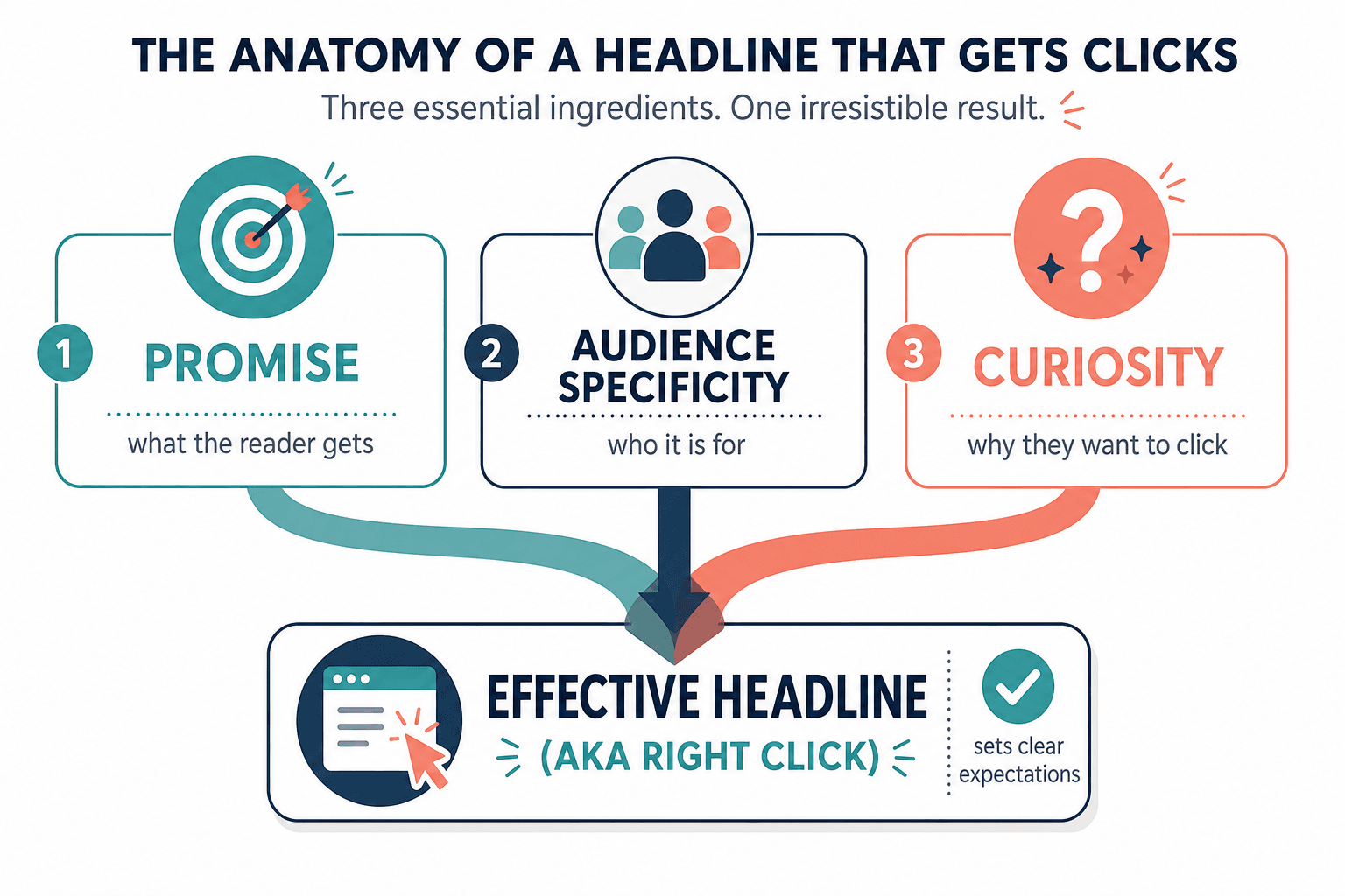 Diagram showing promise, audience specificity, and curiosity combining into an effective headline.