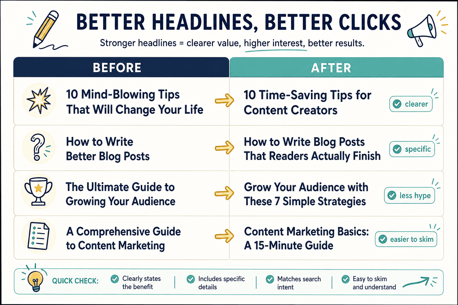 Worksheet showing weak headlines rewritten into clearer, more credible versions