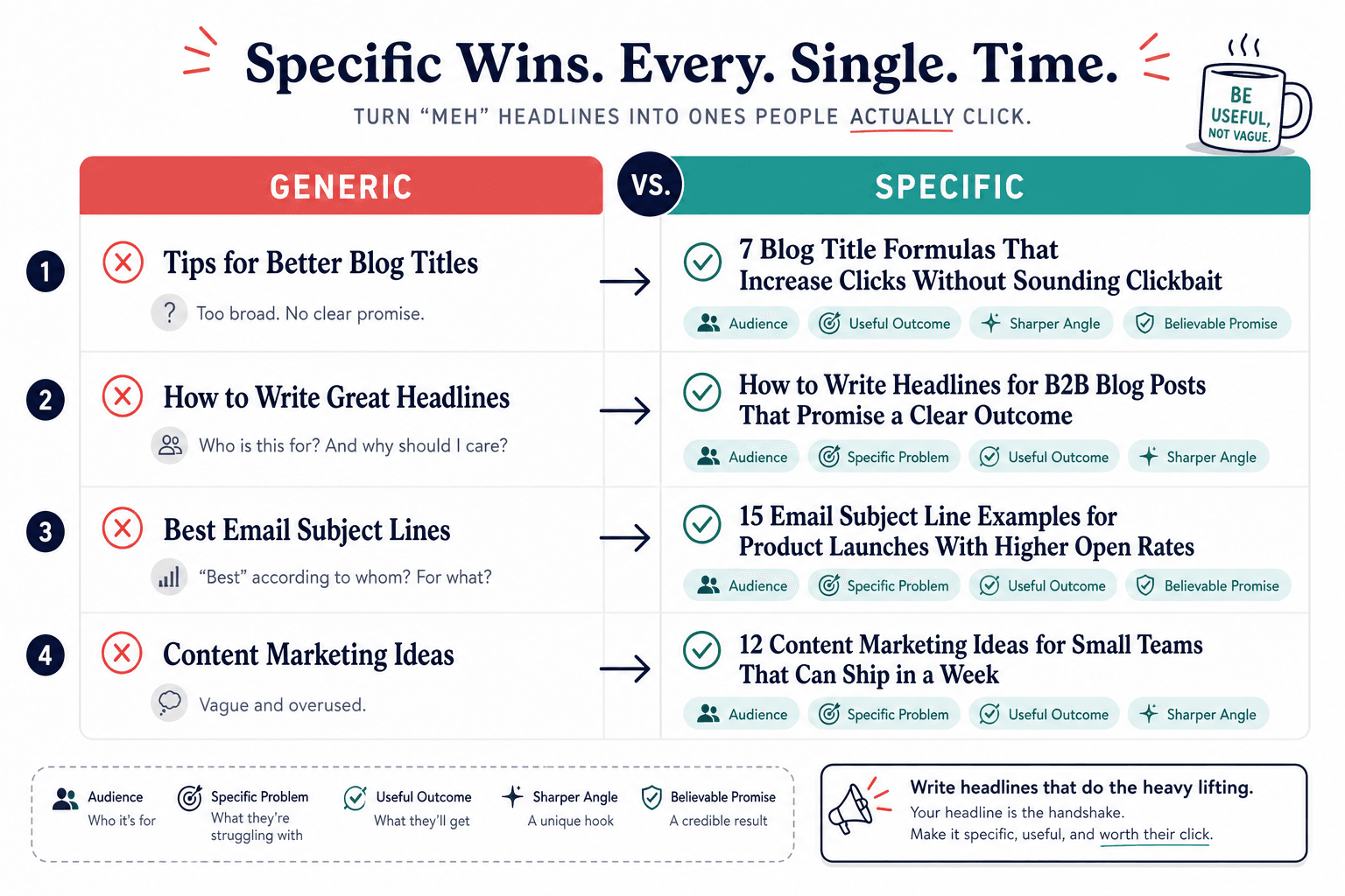 Examples of generic blog titles rewritten into specific, stronger headlines