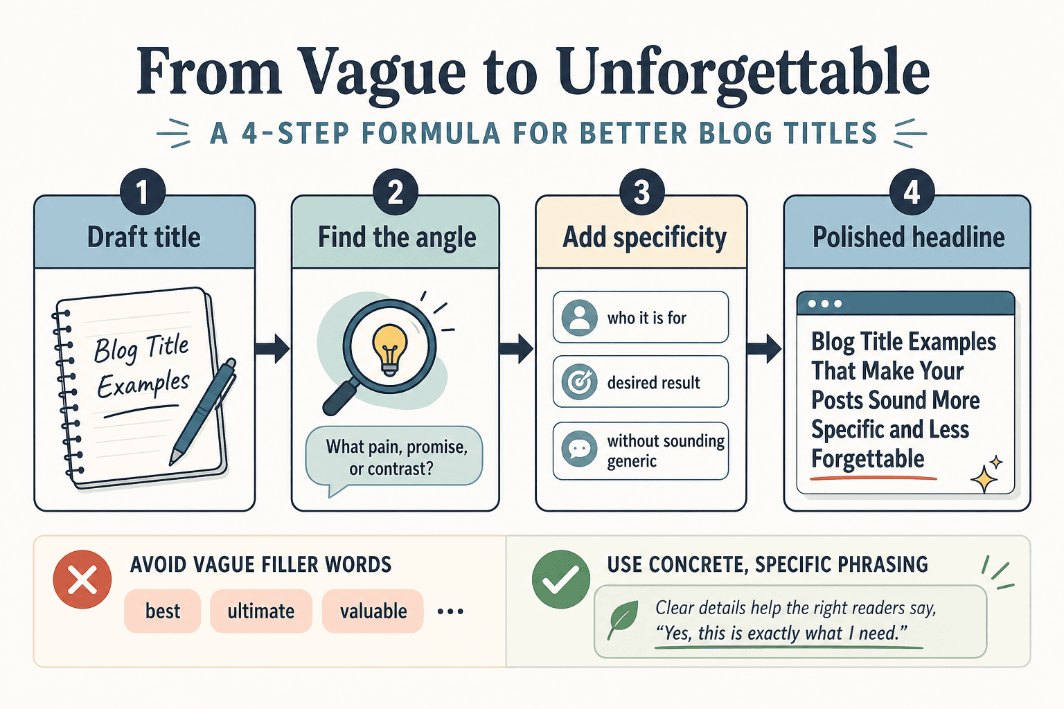 Flow from rough title to angle, specificity, and polished headline