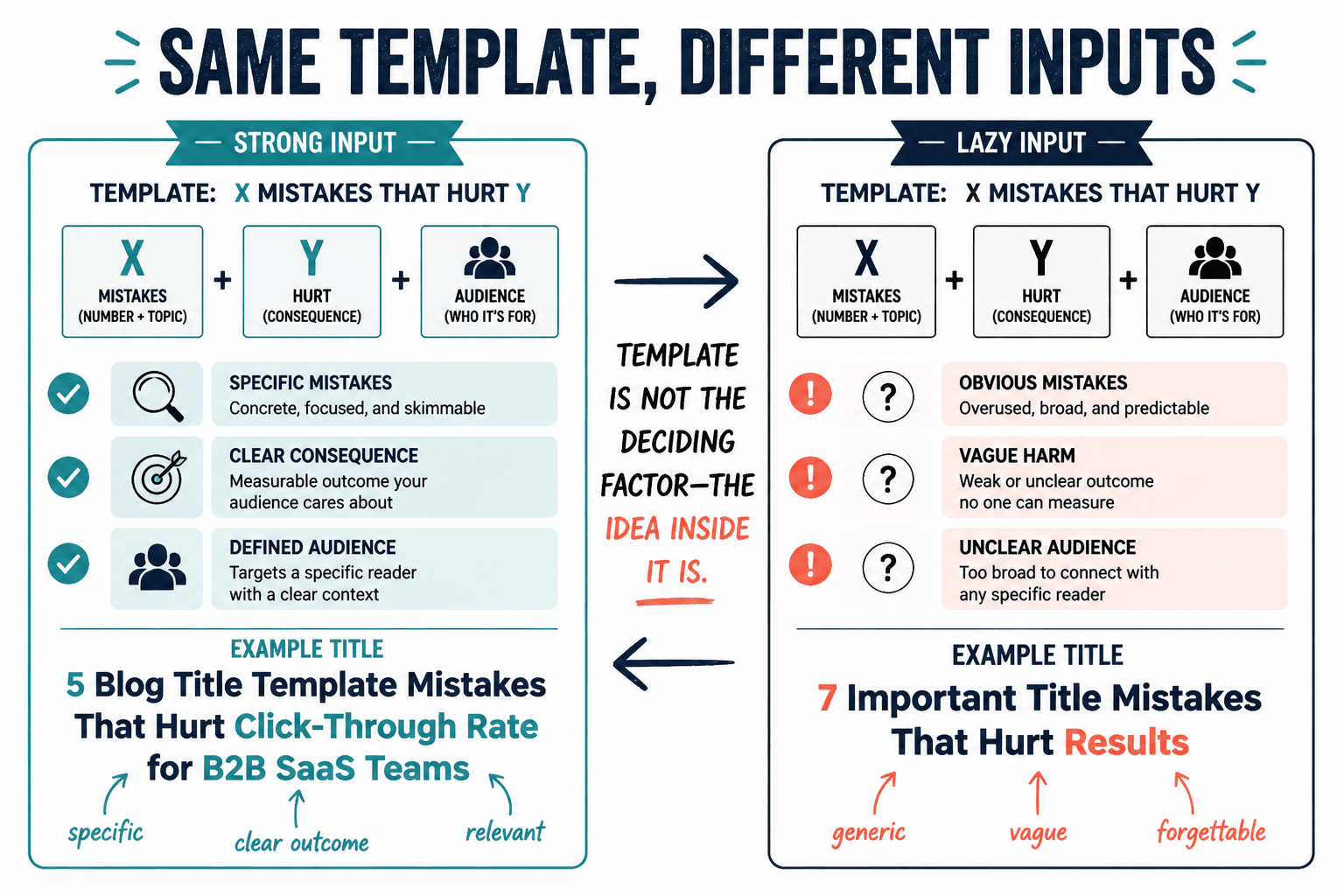 Diagram comparing a strong title template input with a vague one