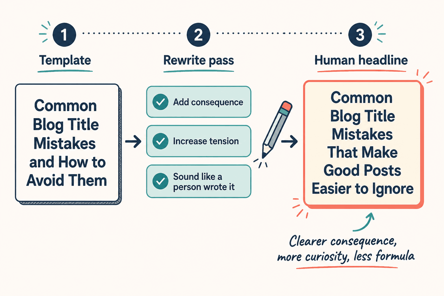 Flow showing a template headline revised into a more human title