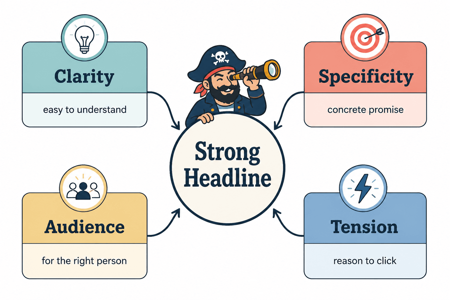 Diagram showing four elements of a strong headline: clarity, specificity, audience, and tension.