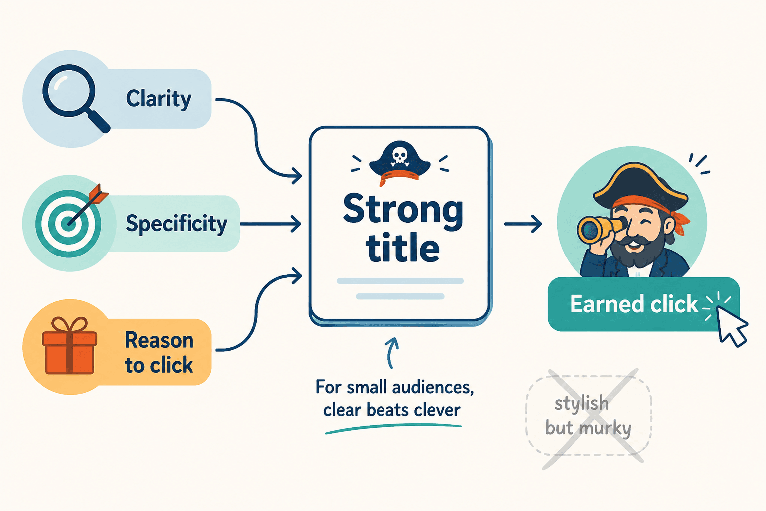 Diagram showing how clarity, specificity, and a clear reason to click make a headline stronger for small audiences.