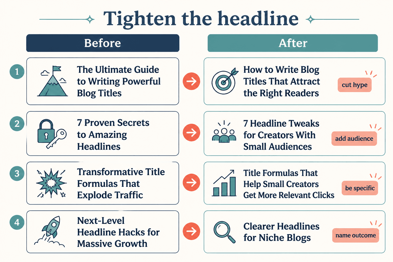 Examples of weak headlines tightened into clearer, calmer versions