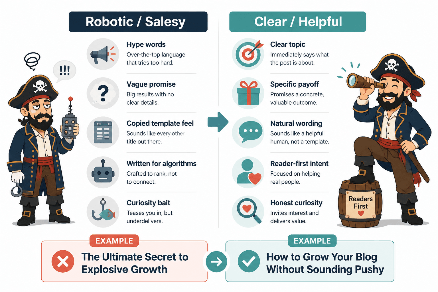 Diagram comparing robotic headline traits with clear, helpful headline traits