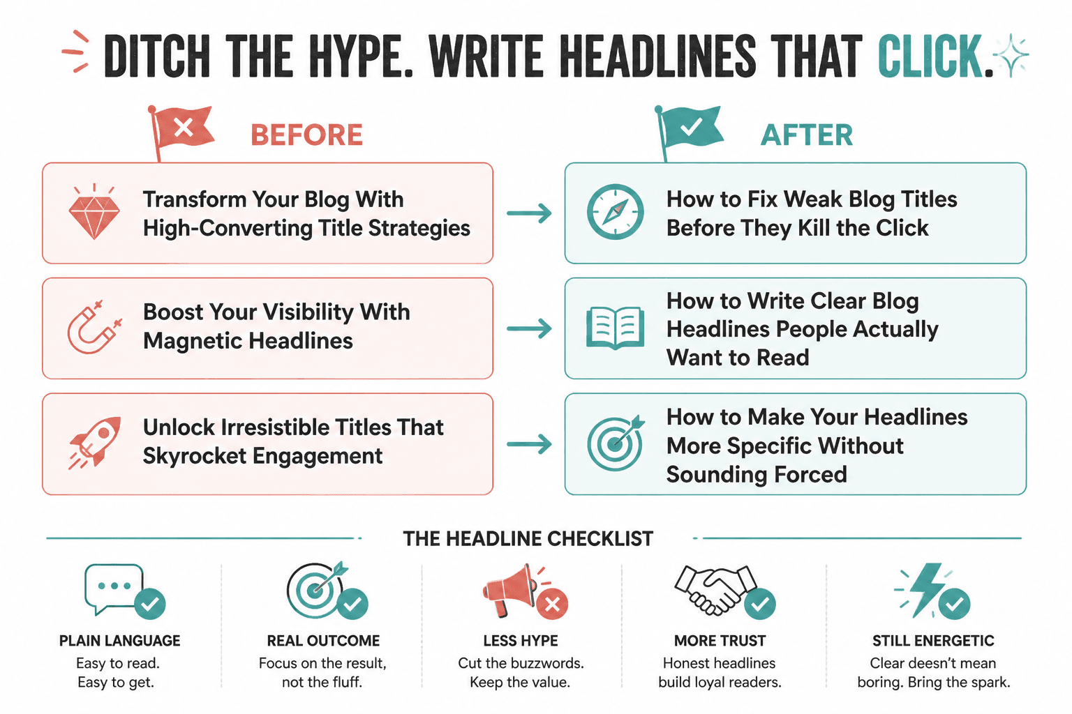 Cards showing weak headlines rewritten into clearer, more natural versions