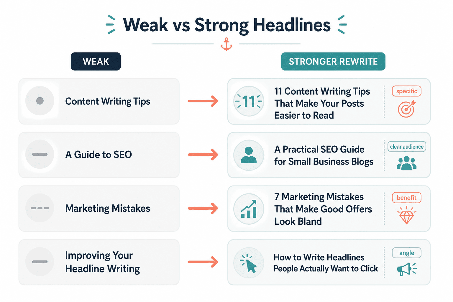 Side-by-side examples of weak blog titles rewritten into stronger, more specific headlines.