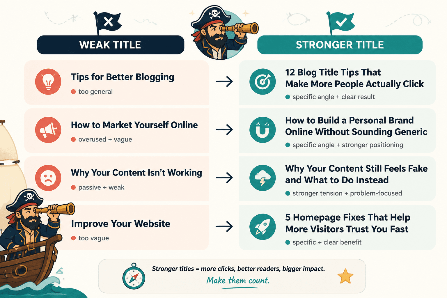Side-by-side examples of weak blog titles rewritten into stronger, more specific headlines
