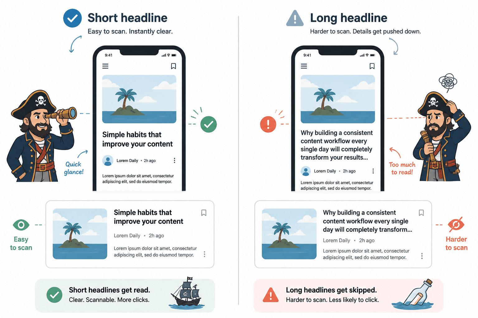 Short and long headlines compared in mobile feed cards
